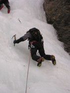 Me climbing a frozen waterfall, Val Varaita, Piemonte.