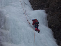 Cinzia, on a waterfall, Val Varaita, Piemonte.